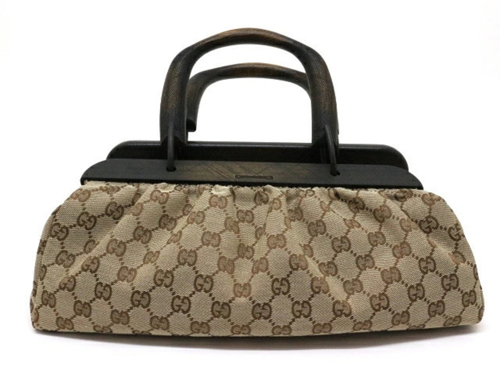 Gucci bag handbag wood handle GG canvas brown Beige Cream